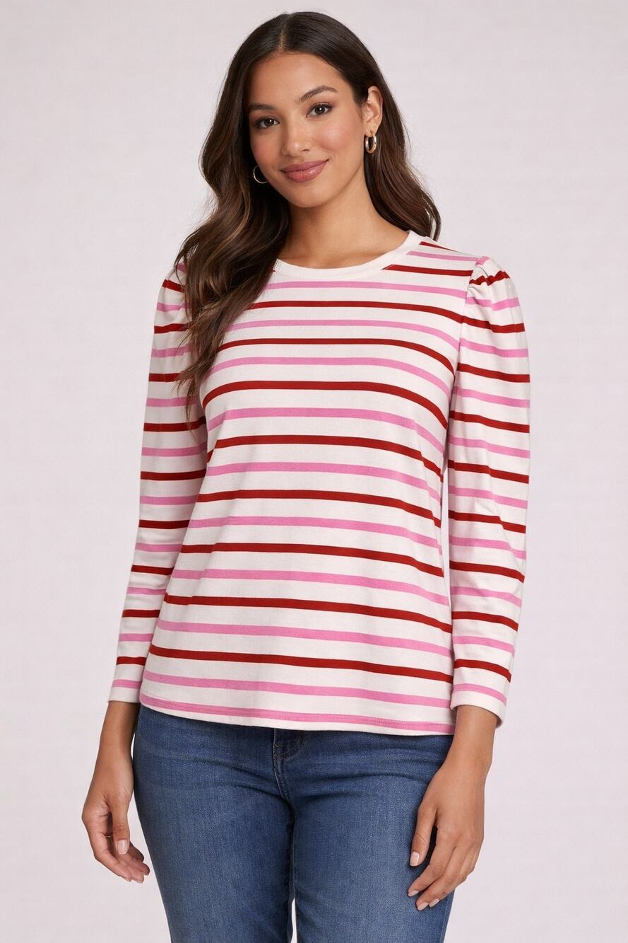 Skies Are Blue Striped Puff Long Sleeve Top Shirt Womens Medium Pink Red White